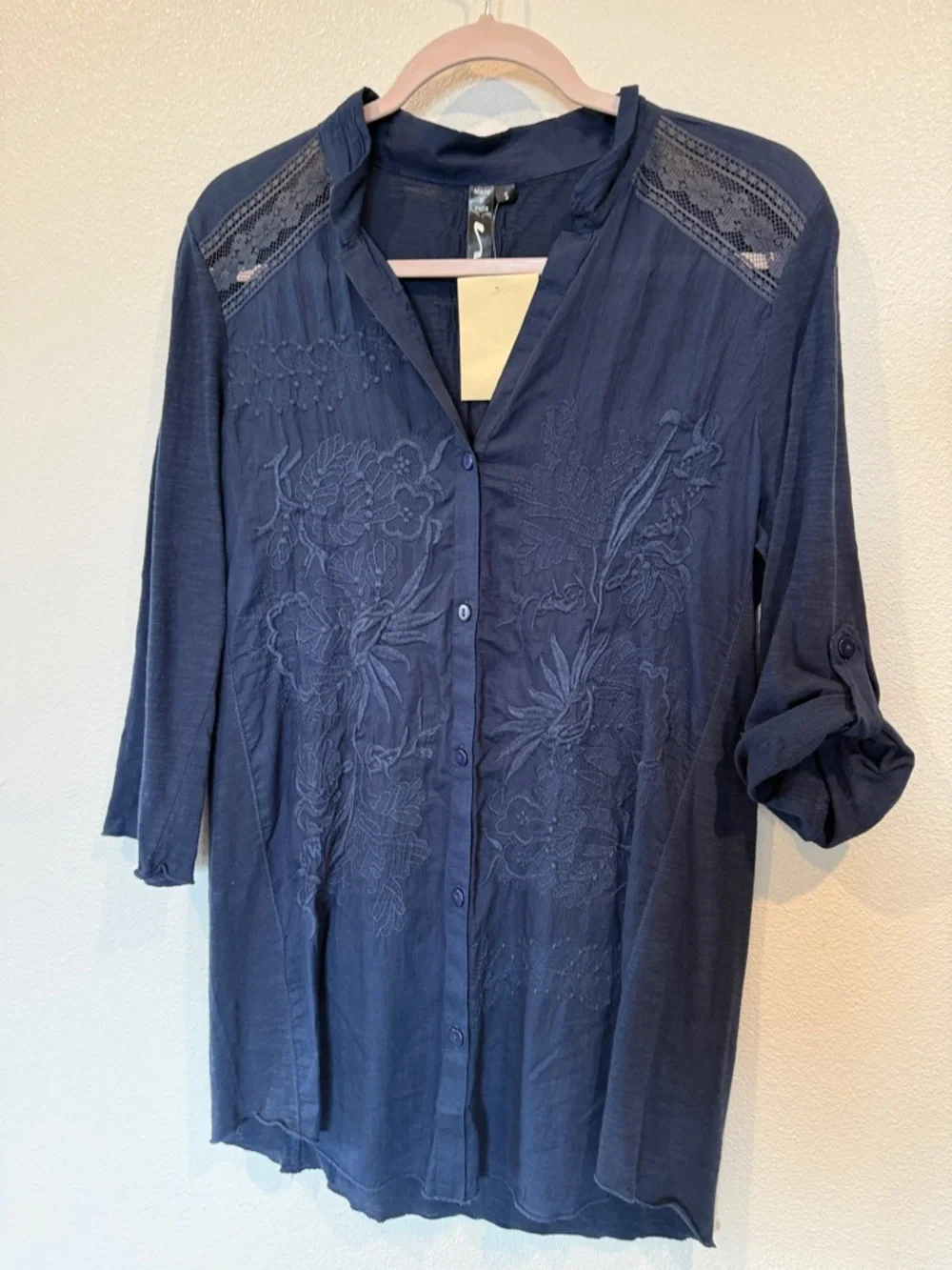 Navy Embroidered Button-Front Women's Top